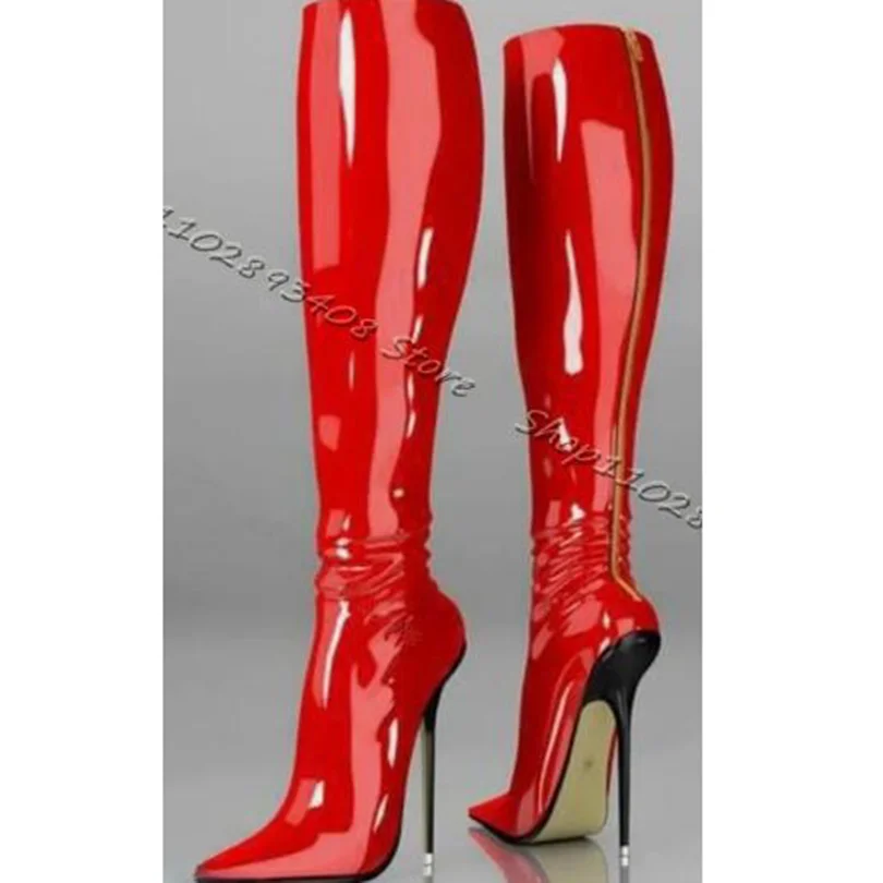 

Red Patent Leather Stiletto Boots High Heels Back Zipper Pointed Toe Women Shoes Women Fall Party Sexy Shoes Zapatos Para Mujere