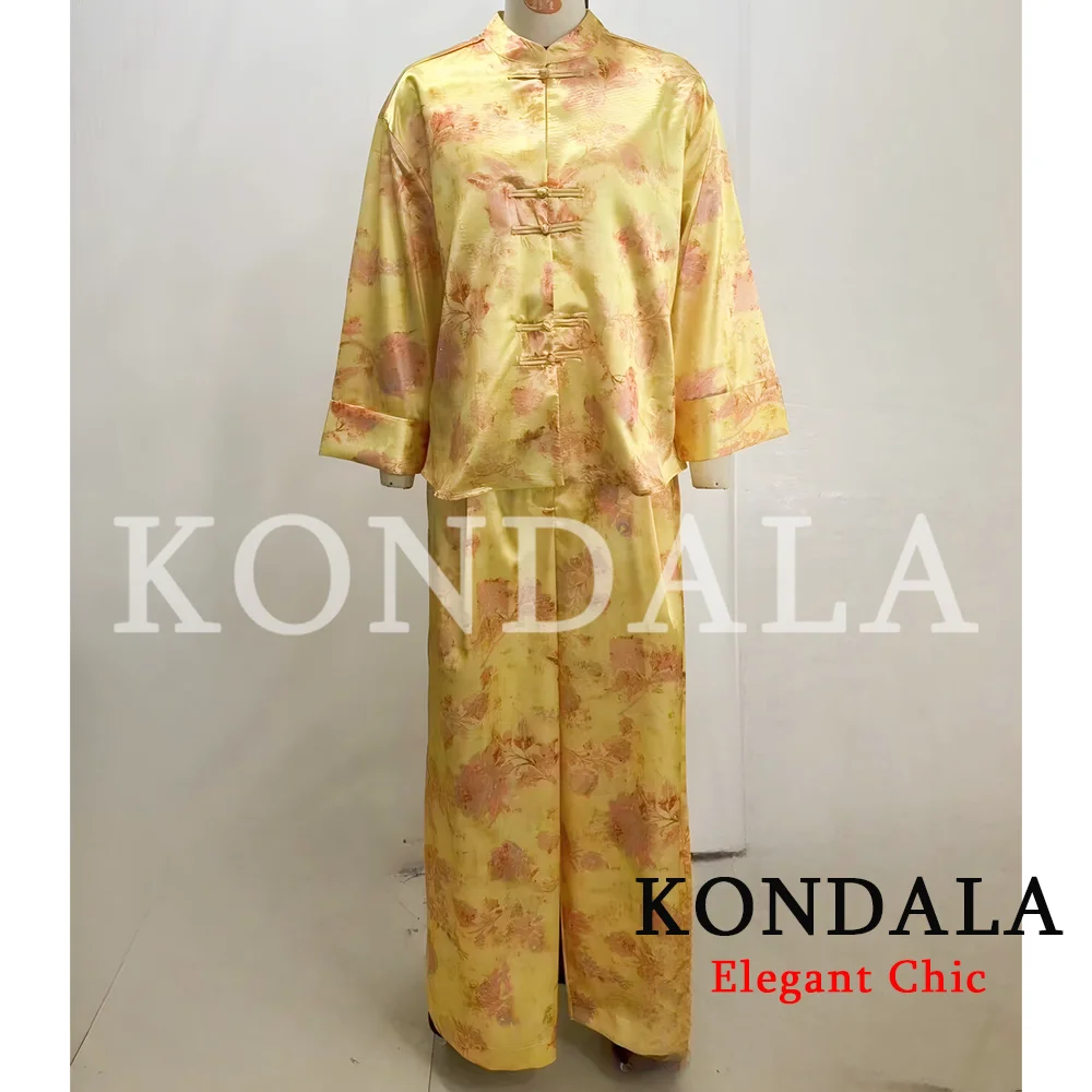 KONDALA Damen Elegantes Vintage Bedrucktes Hosenset mit Seilknoten-Hemden, Lange Hosen 2026 Frühling Herbst Urlaub High-Street-Set – Detail 3