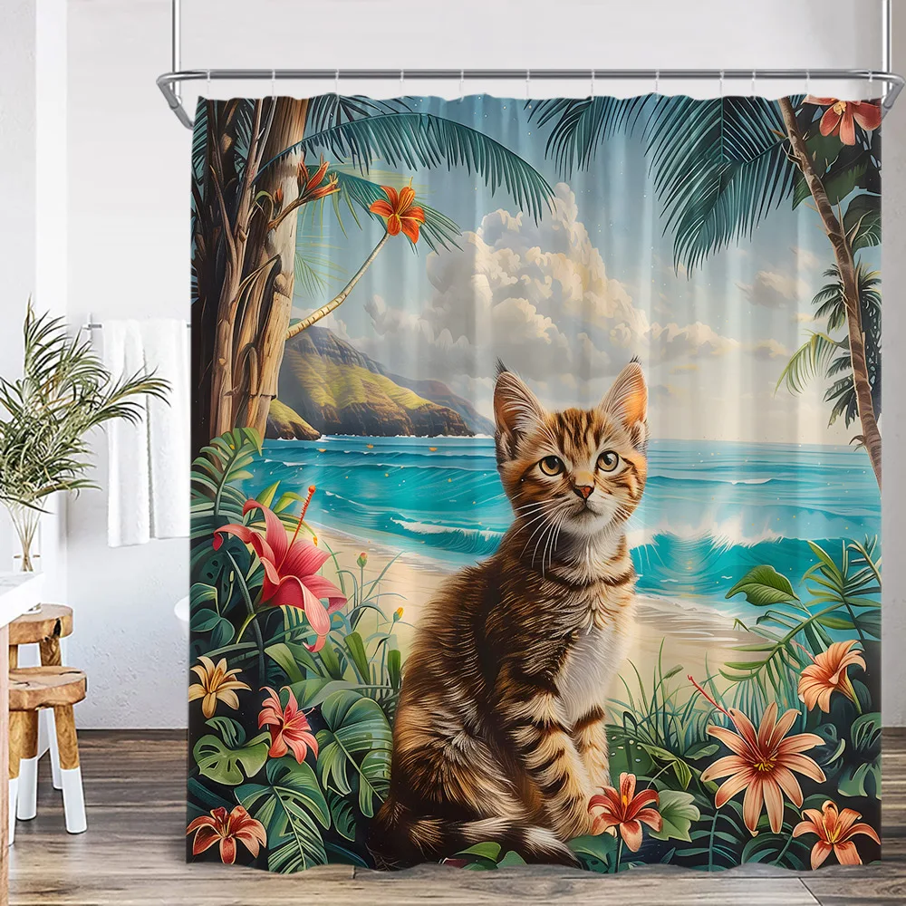 Cute Cats Funny Animal Shower Curtain Summer Autumn Animals Print Bathroom Decor Polyester Fabric Bath Curtain with Plastic Hook