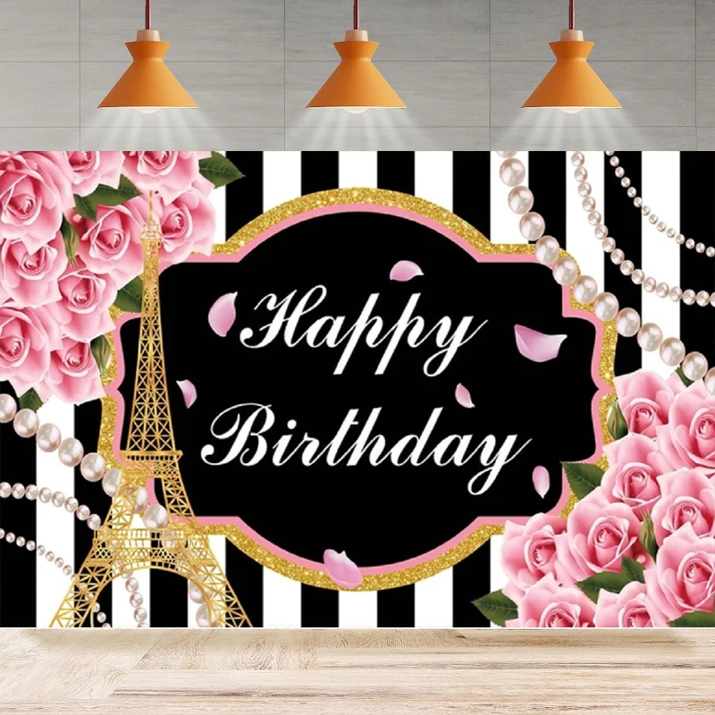 

Pink Rose Photography Backdrop Black White Stripe Happy Birthday Party Background Floral Pearl Girls Woman Party Decor Banner