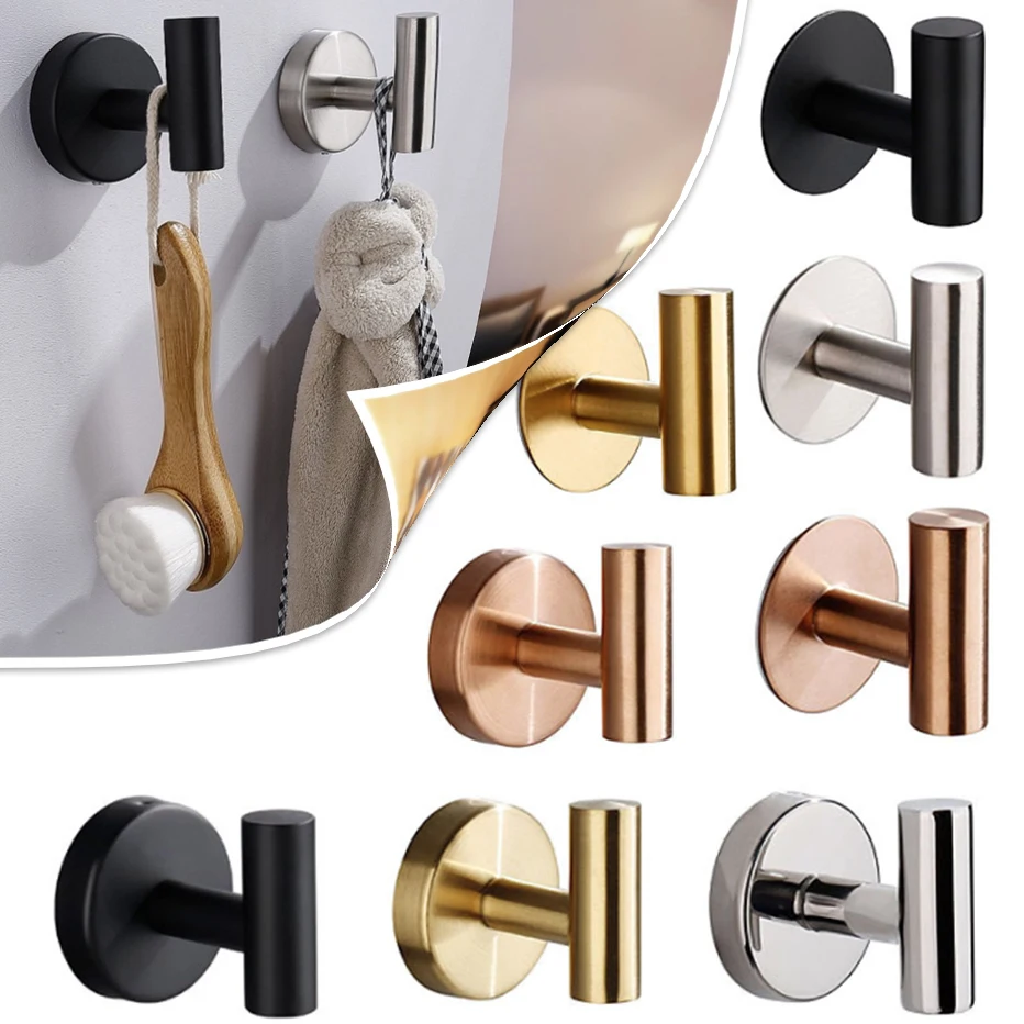 Bathroom Stainless Steel Towel Hook Self Adhesive/ Punch Wall Coat Rack Key Holder Rack Towel Hooks Clothes Rack Hanging Hooks