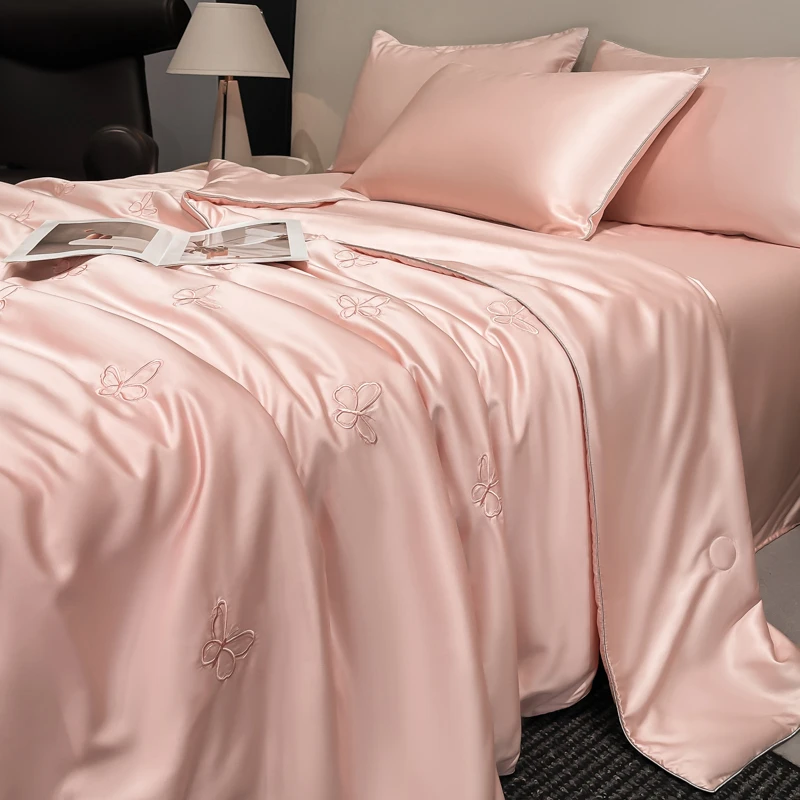 Air Condition Comforter for Summer Ice Silk Reversible Cooling Blanket Bowknot Embroidery Pattern Lightweight Smooth Cold Quilt