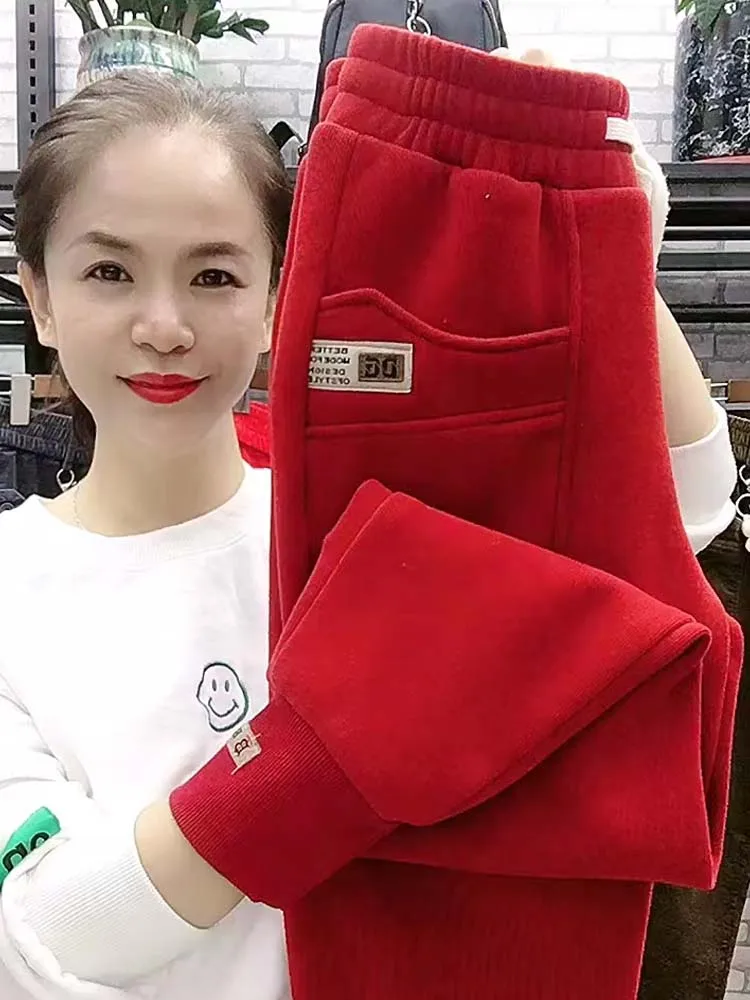 

Утепленные флисовые осенне-зимние женские спортивные брюки свободного кроя для похудения, повседневные спортивные брюки с высокой талией из чистого хлопка, брюки-морковки