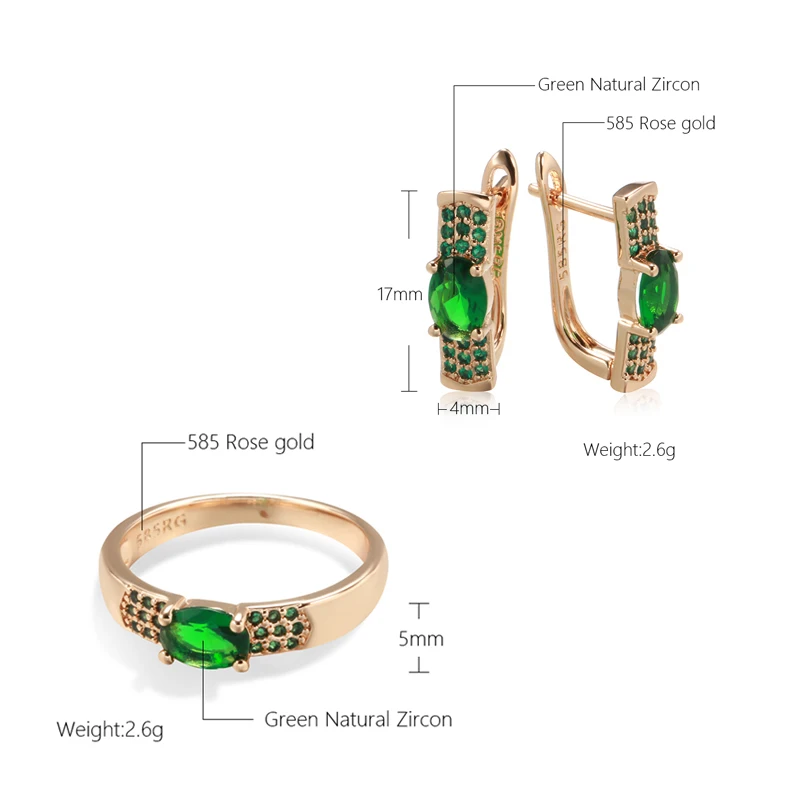 Kinel New Vintage Earrings Ring Sets for Women 585 Rose Gold With Emerald Round Cut Natural Zircon Clip Earring Fashion Jewelry