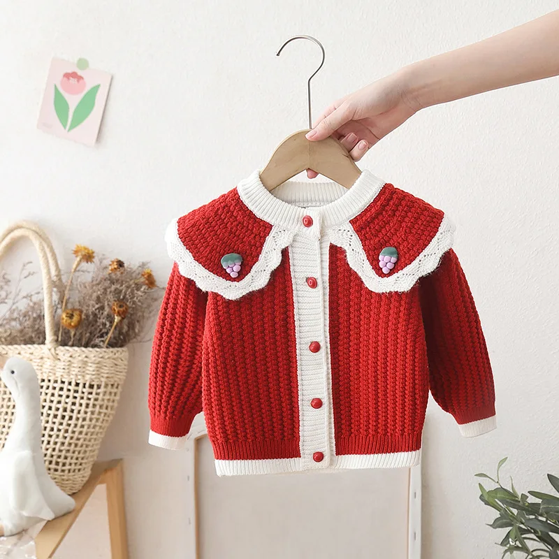 Spring Autumn New Children's Versatile Knitted Coat for Girls Baby Warm Cardigan Cute 3D Strawberry School Outer Sweater IY08131