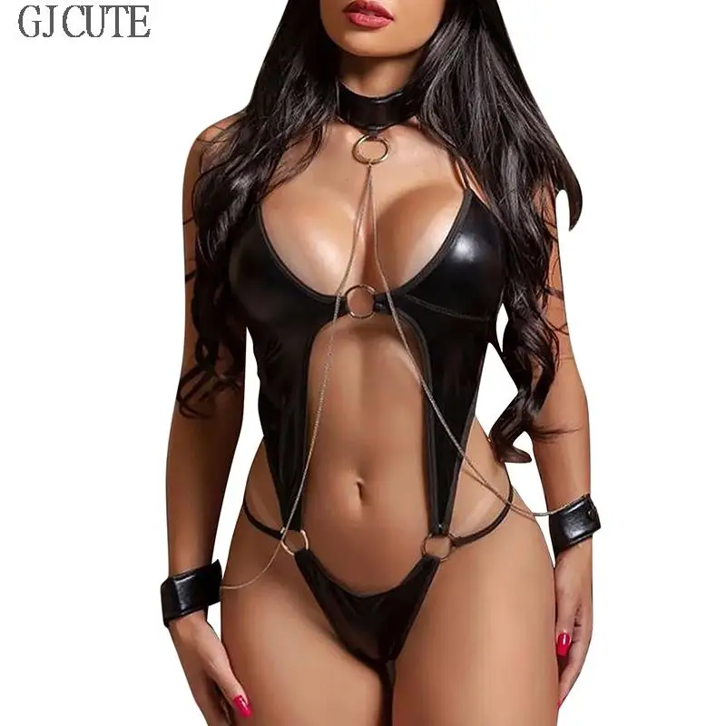 Bodysuit Women Plus Size Black Patent Leather Sexy Lingerie Catsuit Latex Tempting Exciting Sleepwear Handcuffs Sex Night