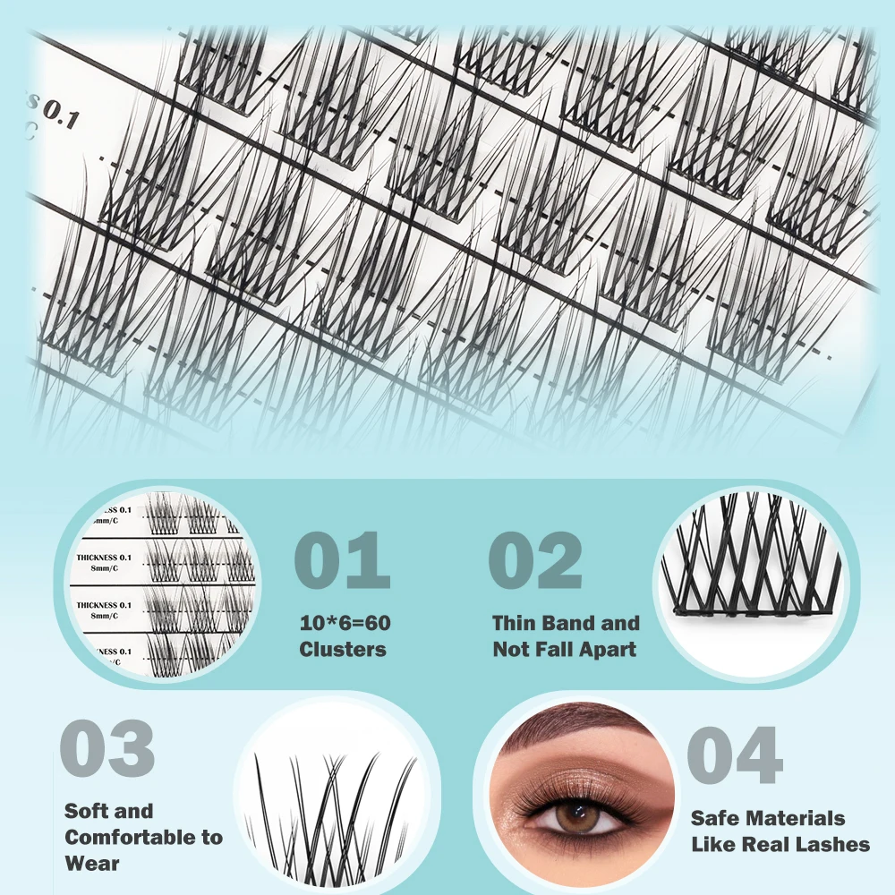 DIY clustered eyelashes 60 clusters of false eyelashes 8-16mm all sizes naturally curled suitable for daily makeup