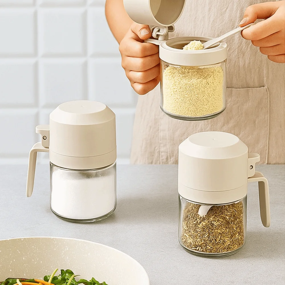 

Large Capacity Glass Seasoning Jar Moisture-proof Dustproof Salt Seasoning Box with Spoon Sugar and Salt Container for Home