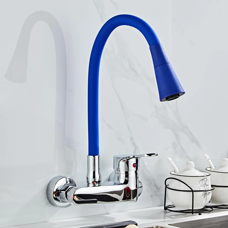 Becola wall mounted double hole kitchen faucet, single handle bathroom sink faucet, hot and cold water 360 degree rotation