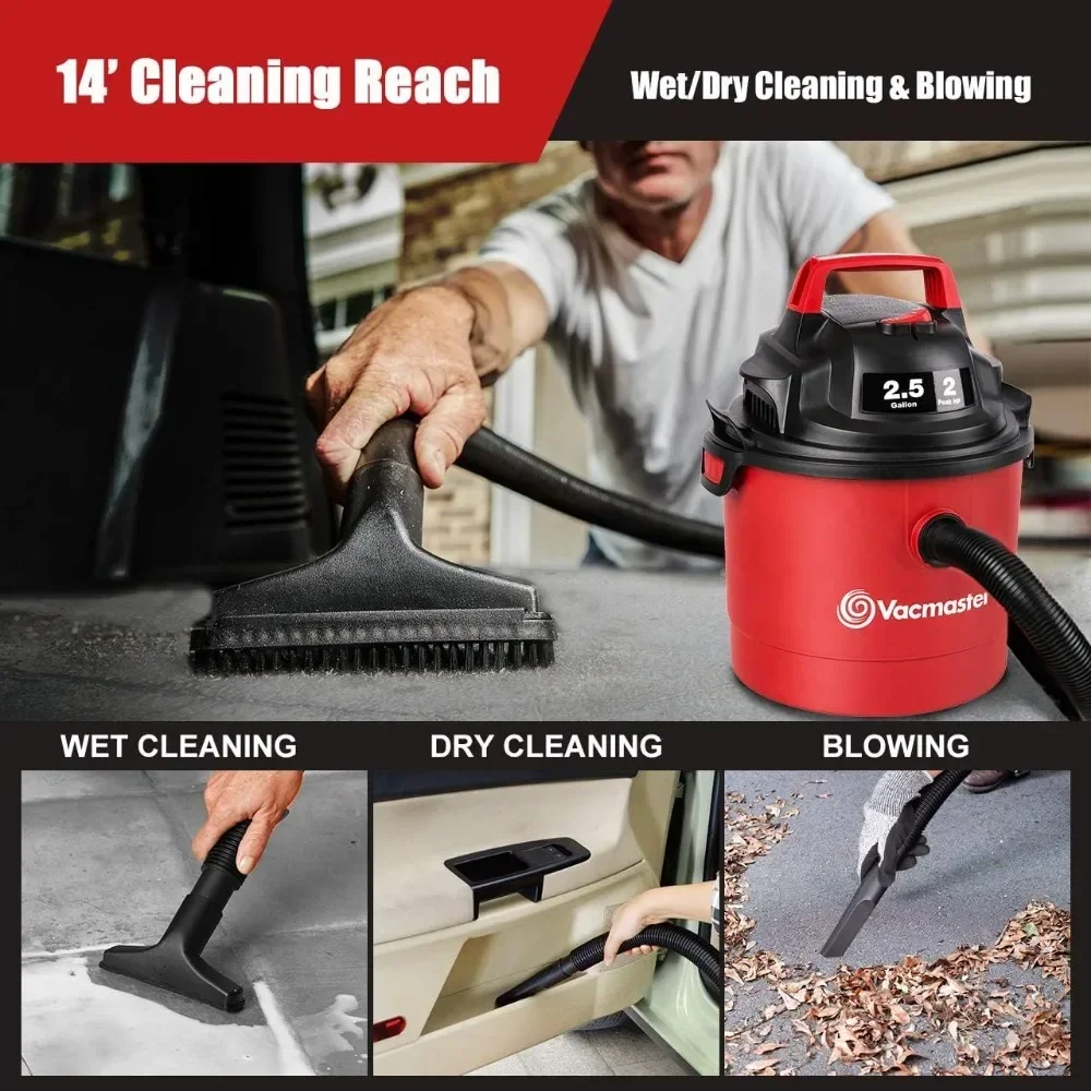 2.5 Gallon Shop Vacuum Cleaner 2 Peak HP Power Suction Lightweight 3-in-1 Wet Dry Vacuum with Blower & Wall Mount Design