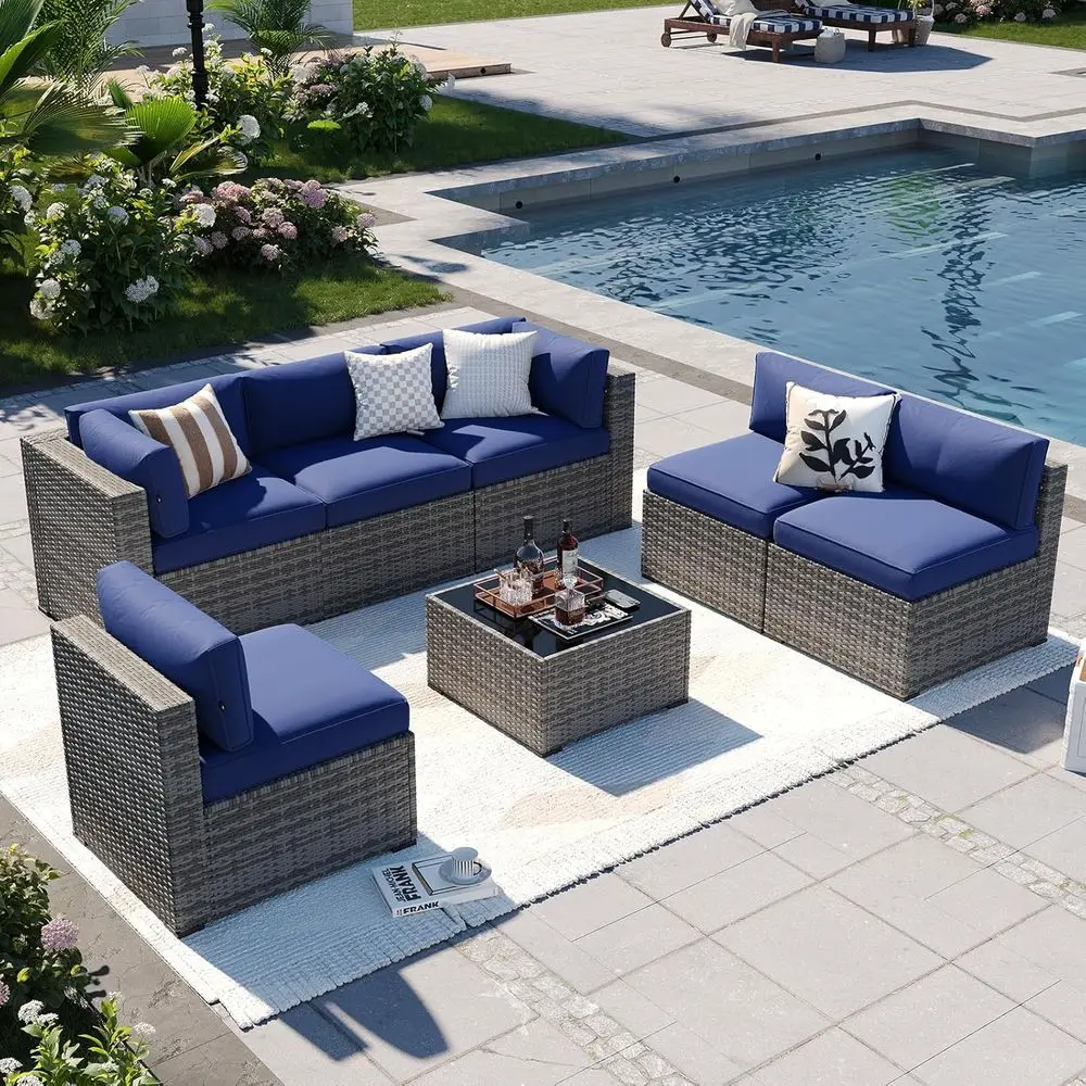 

7-Piece Cushioned Outdoor Patio Furniture Set - Wicker Sectional for Backyard, Poolside, Garden