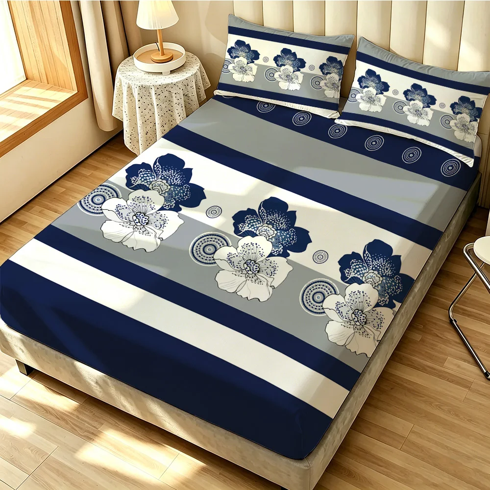 3pcs Classic Blue White Bed Sheet Set/2 Pillowcases/1 Bed Sheet/Single Bed/King Size Bed Soft Fit Mattress All Seasons