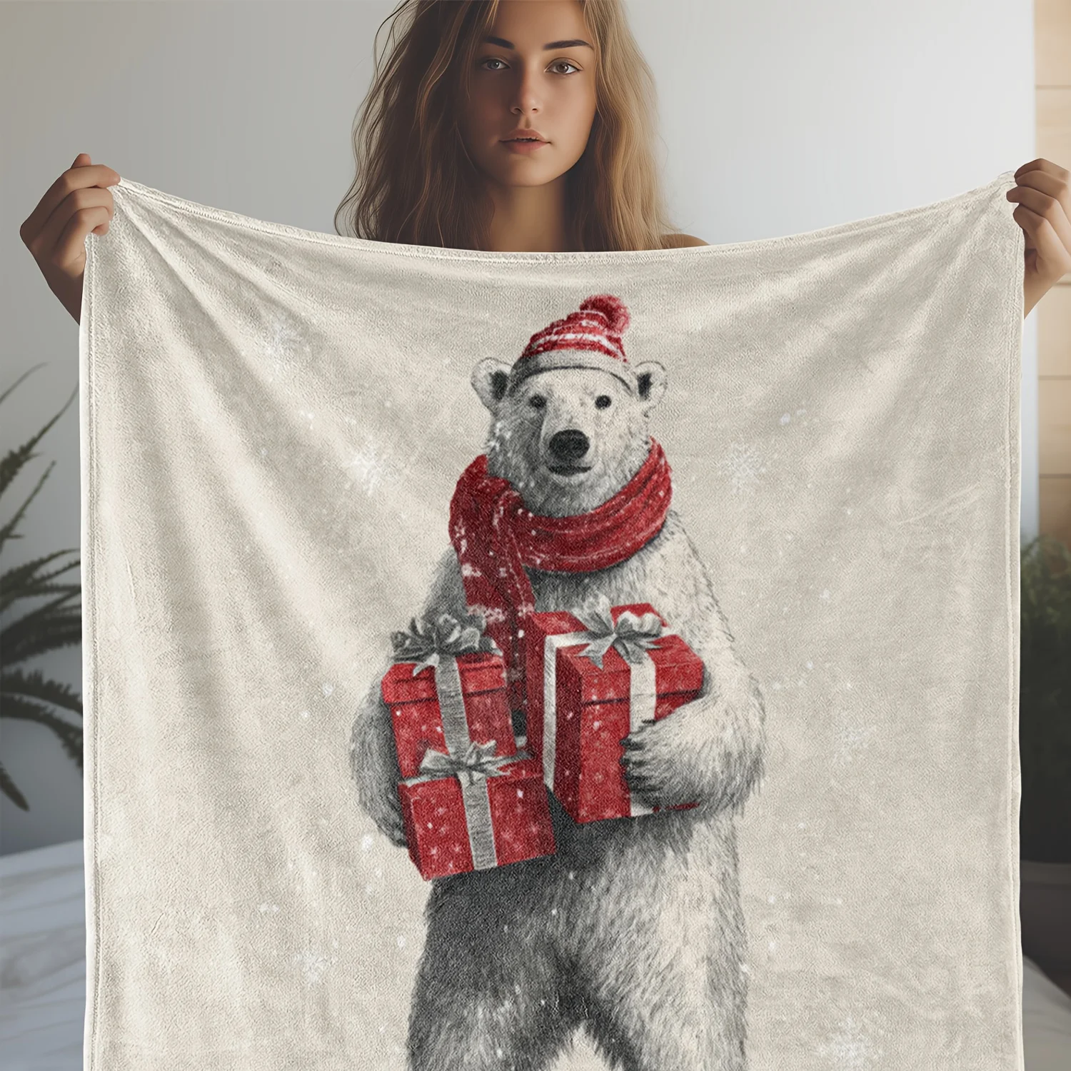 1pc Zeal Lily Flannel Blanket - Polar Bear with Santa Hat & Scarf Holding Gifts Print, Soft Warm All-Season Cozy Throw for Bed