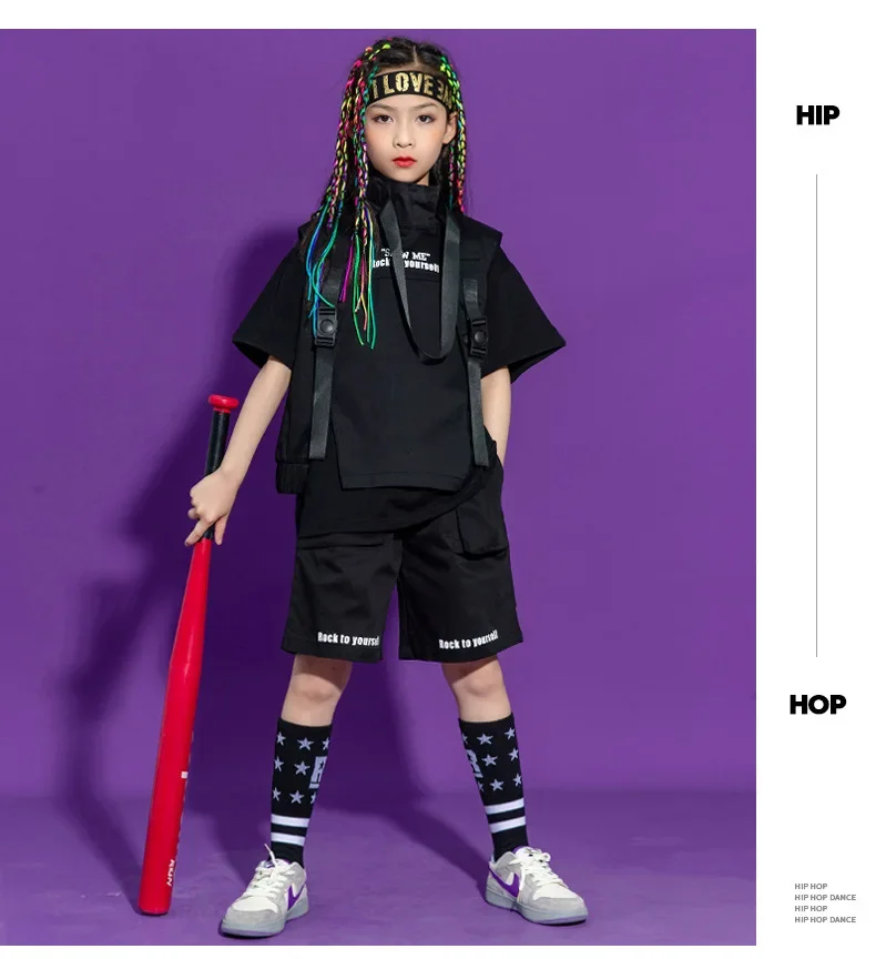 Kinder Hip-Hop-Kleidung, ärmelloses Jackenoberteil, T-Shirt, Streetwear, taktische Cargo-Jogginghose für Mädchen und Jungen, Tanzkostüm, Kleidung. – Detail 13