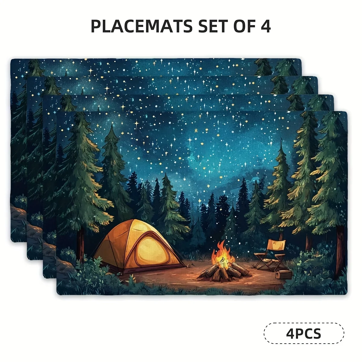 4pcs Placemats Set - Outdoor Camping Campfire Theme, Rectangular Kitchen Table Mats (12