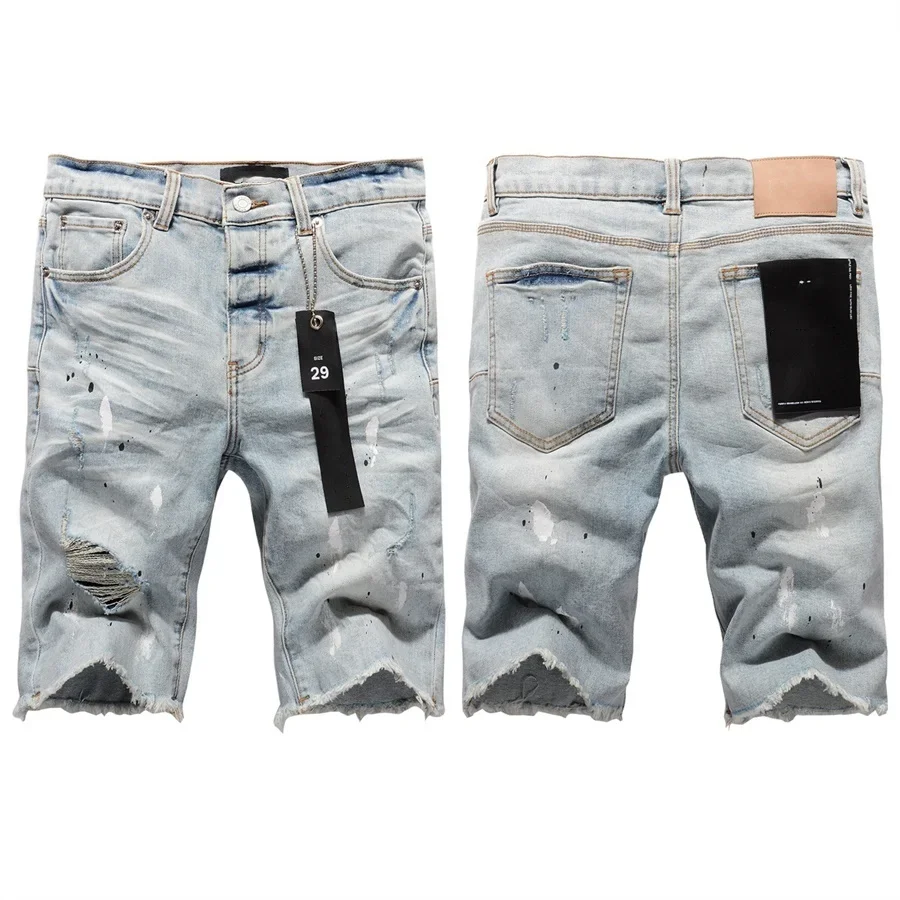 Top quality New Purples Jeans Men Trendy Elastic Edged Middle brands Irregular Blue Color Washed Denim Shorts pants