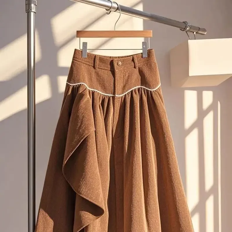 ใหม่แฟชั่น Corduroy กระโปรงผู้หญิงฤดูใบไม้ร่วงฤดูหนาว Ruffles เอวสูง Casual A-Line พับกระโปรง Patchwork Contrast สี Jupe
