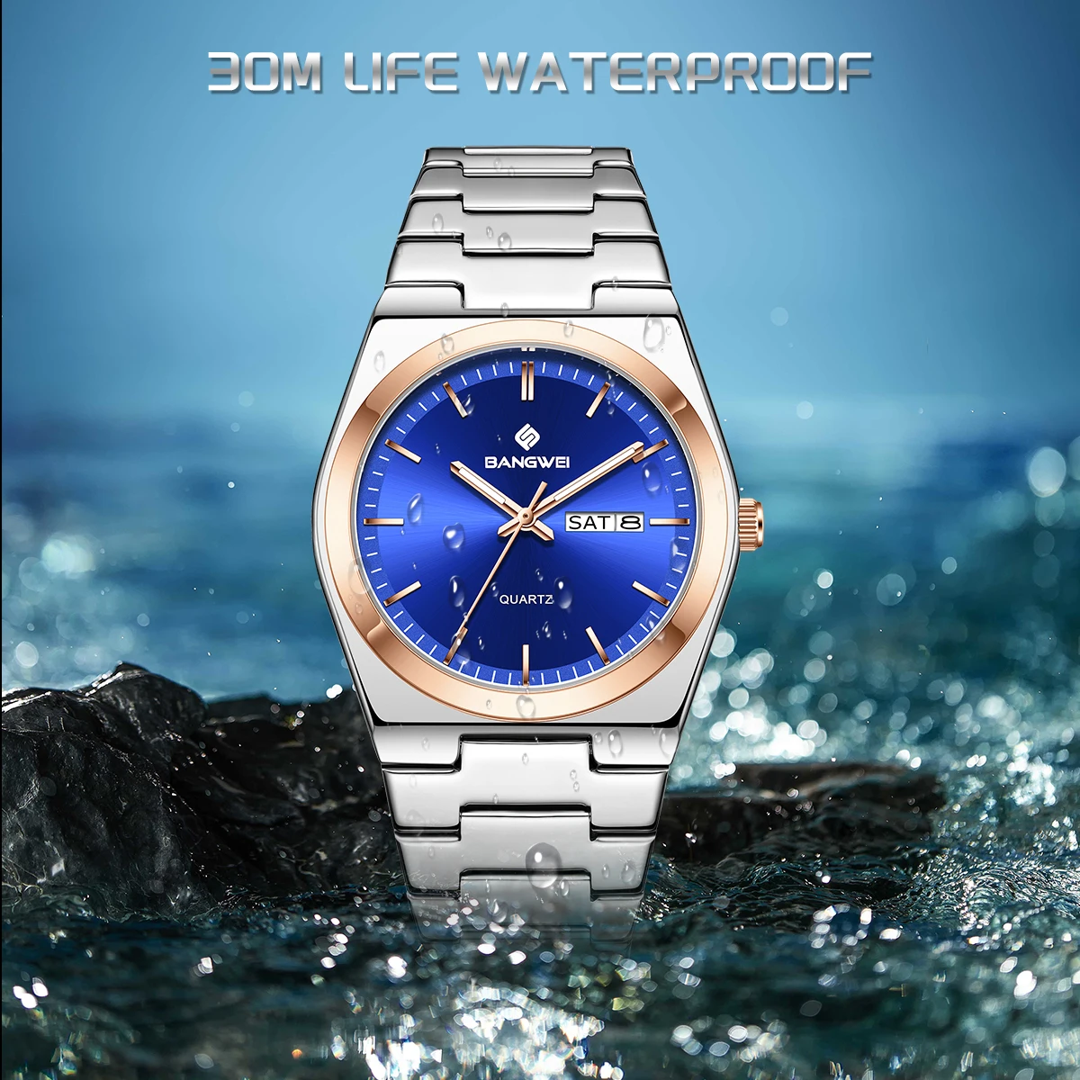 BANGWEI الفاخرة الرياضة كوارتز رجل ساعة اليد مقاوم للماء مضيئة تاريخ الأسبوع الرجال الساعات الفولاذ المقاوم للصدأ ساعة رجالي ذكر Reloj + صندوق