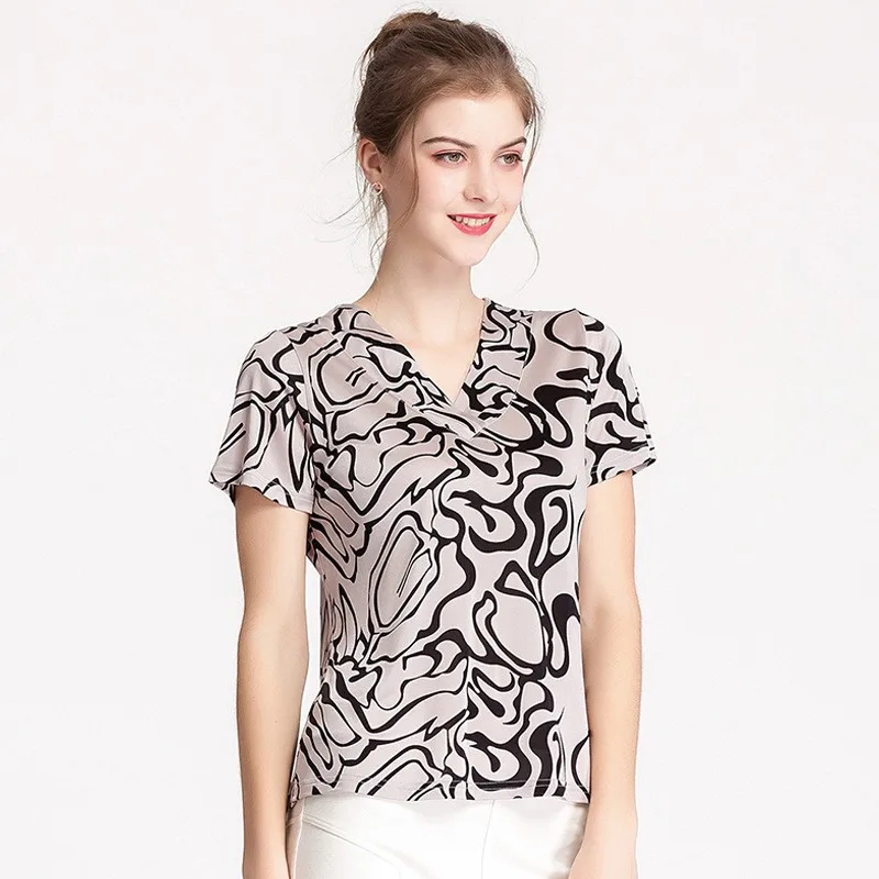 80% Silk V-neck Short Sleeve Women's T-shirt Printed Slim Large Mulberry Silk Knitting Bottoming Shirt