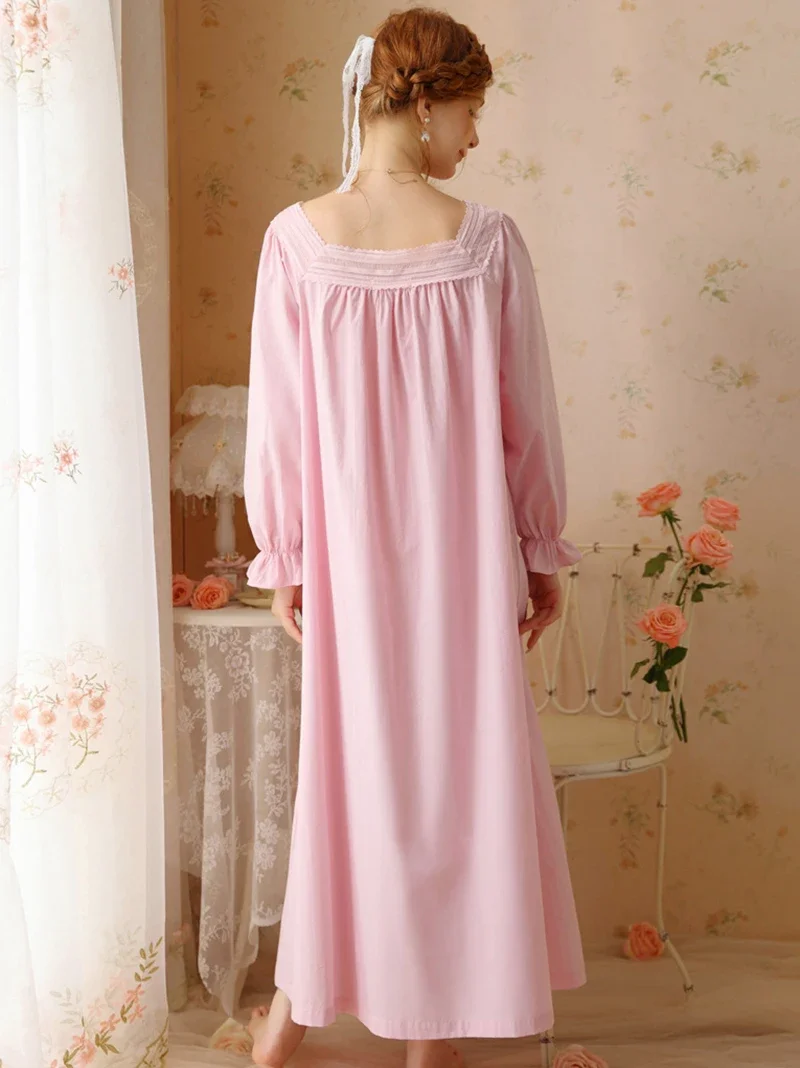 French Victorian Princess Cotton Lace Nightgown Women Sweet Girls Spring Autumn Long Sleeve Vintage Pajamas Sleepwear Nightwear