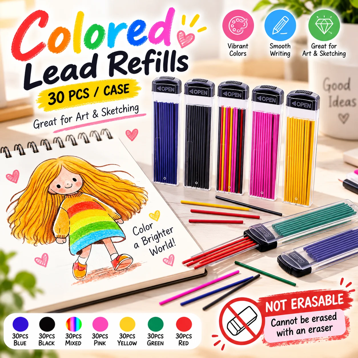 1.3mm Automatic Pencil Lead Refill, 6Color Replaceable Automatic Pencil Leads Drawing Writing Office School Stationery Supplies