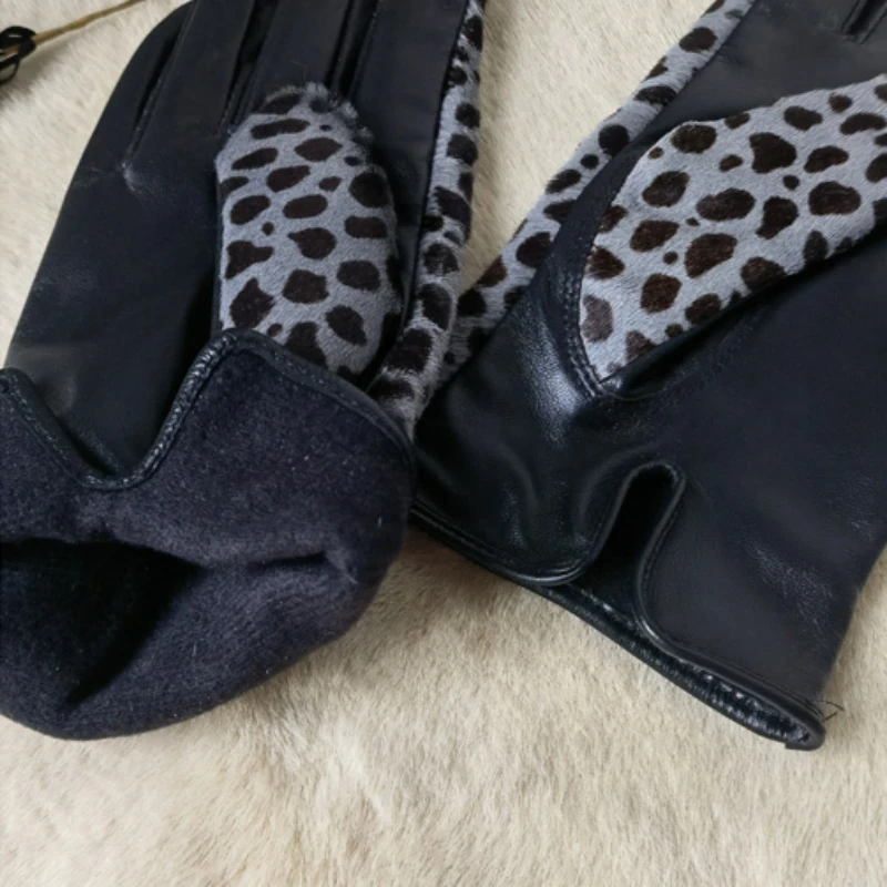 Women Real Leather Leopard Gloves Suede Wrist Short Genuine Sheepskin Driving Warm Winter Glove