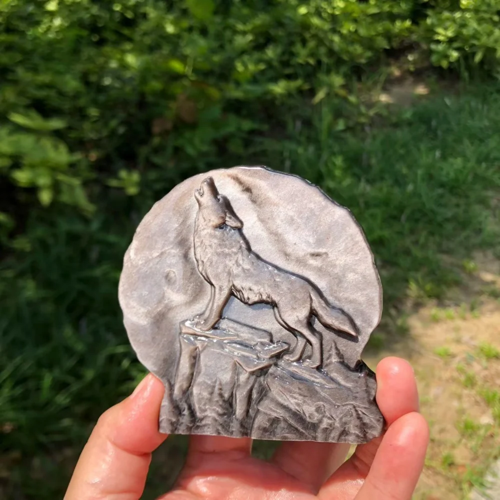 Natural Silver Obsidian Wolf Statue Carving Energy Healing Polished Mineral Home Decor Ornament Animal Figurine