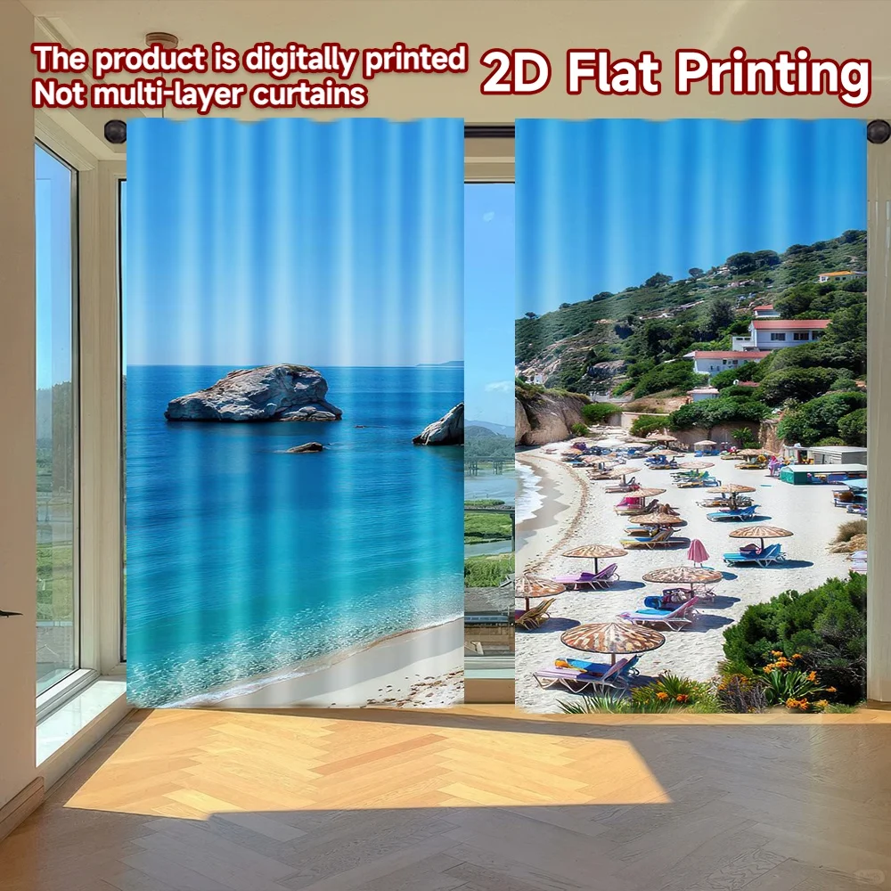 

2D flat printing 2pcs Window Curtains Sunny Beach Paradise Digital Printed Polyester Drapes Family Party Decoration Perfect for