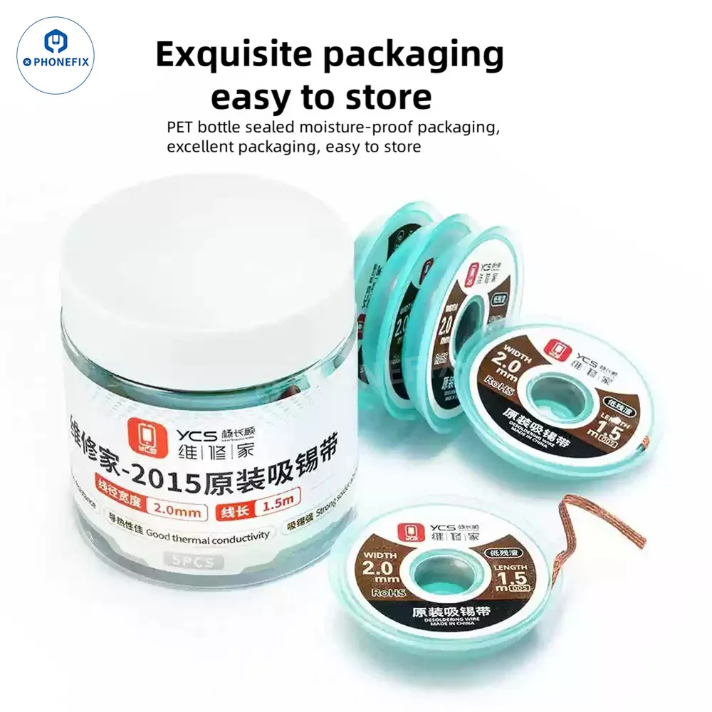 5Pcs YCS Desoldering Wick 2015 2023 3520 2.0/3.5mm width PCB BGA Tin Sucking Wire Tin Lead Cord Flux Absorption Line Braid Tape