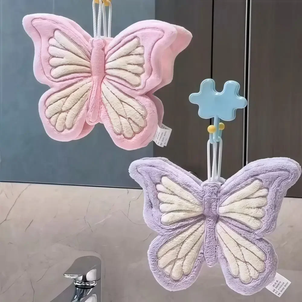 Butterfly-Shaped Hanging Thick Coral Fleece Hand Towel,Quick-Drying,Skin-Friendly,Fine Texture,Ideal for Kitchen and Bathroom