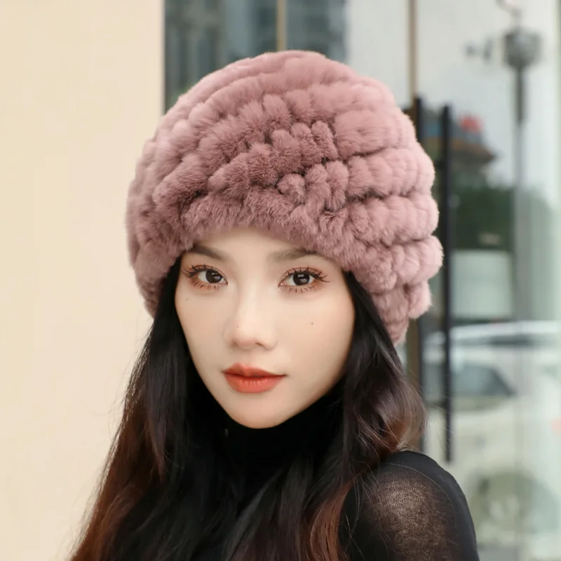 

Women Kintted Outdoor Rex Rabbit Fur Hat New Warm Real Fur Caps 2024 Hot Sale Russian Lady 100% Natural Real Rex Rabbit Fur Hats