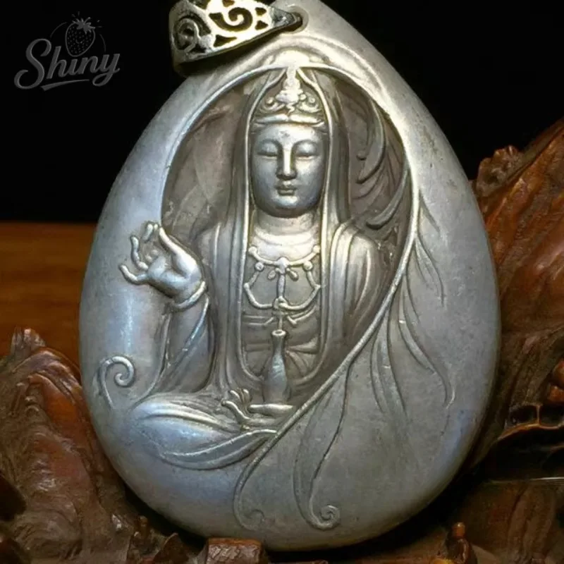Image 5: Collection tibétaine argent sculpté à la main Guanyin bodhisattva bouddha amulette Statue décor bouddhiste