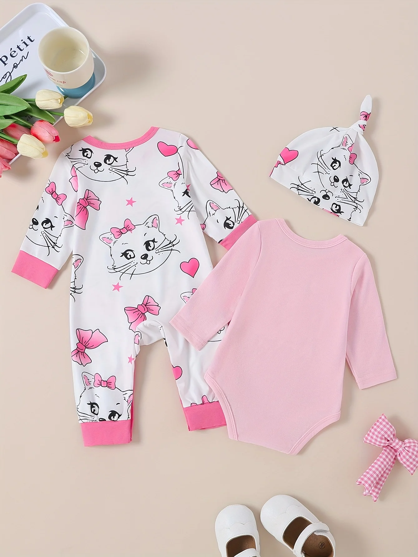 Baby Girl Cute Cat Print Crew Neck Romper with Splicing Cuffs Long Sleeve, Hat 3pcs Gift Box Set, Essential for Newborn