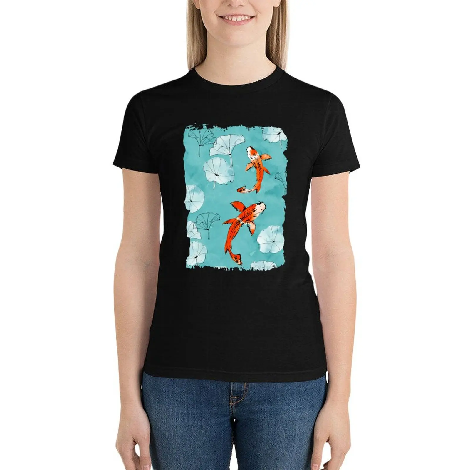 Waterlily koi in turquoise T-Shirt aesthetic clothes tees cat shirts for Women