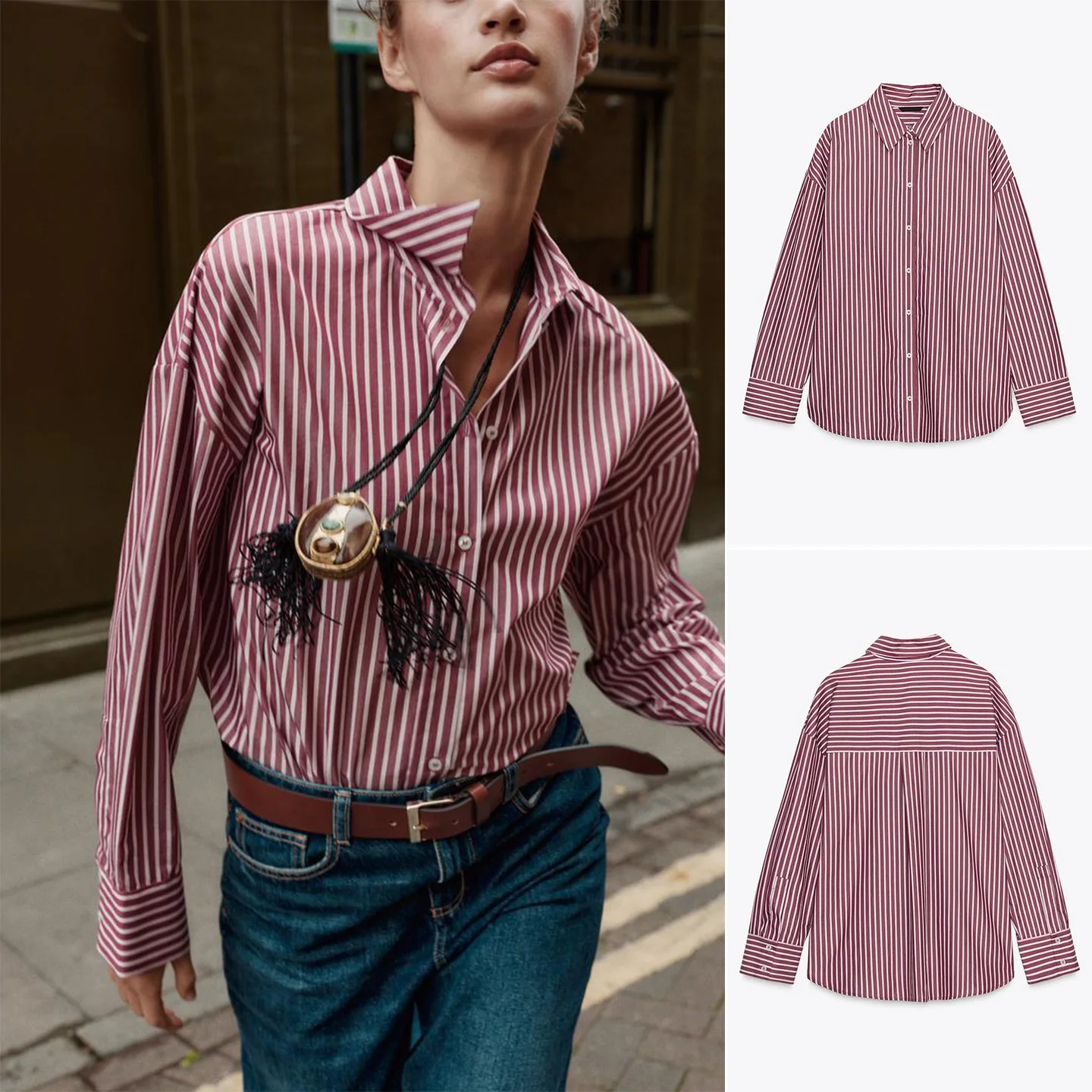 

Autumn Winter Women's Casual Sle Polyester Fiber Long Sve Striped irt Single Row Multi-Buled Collar Split New Arrival