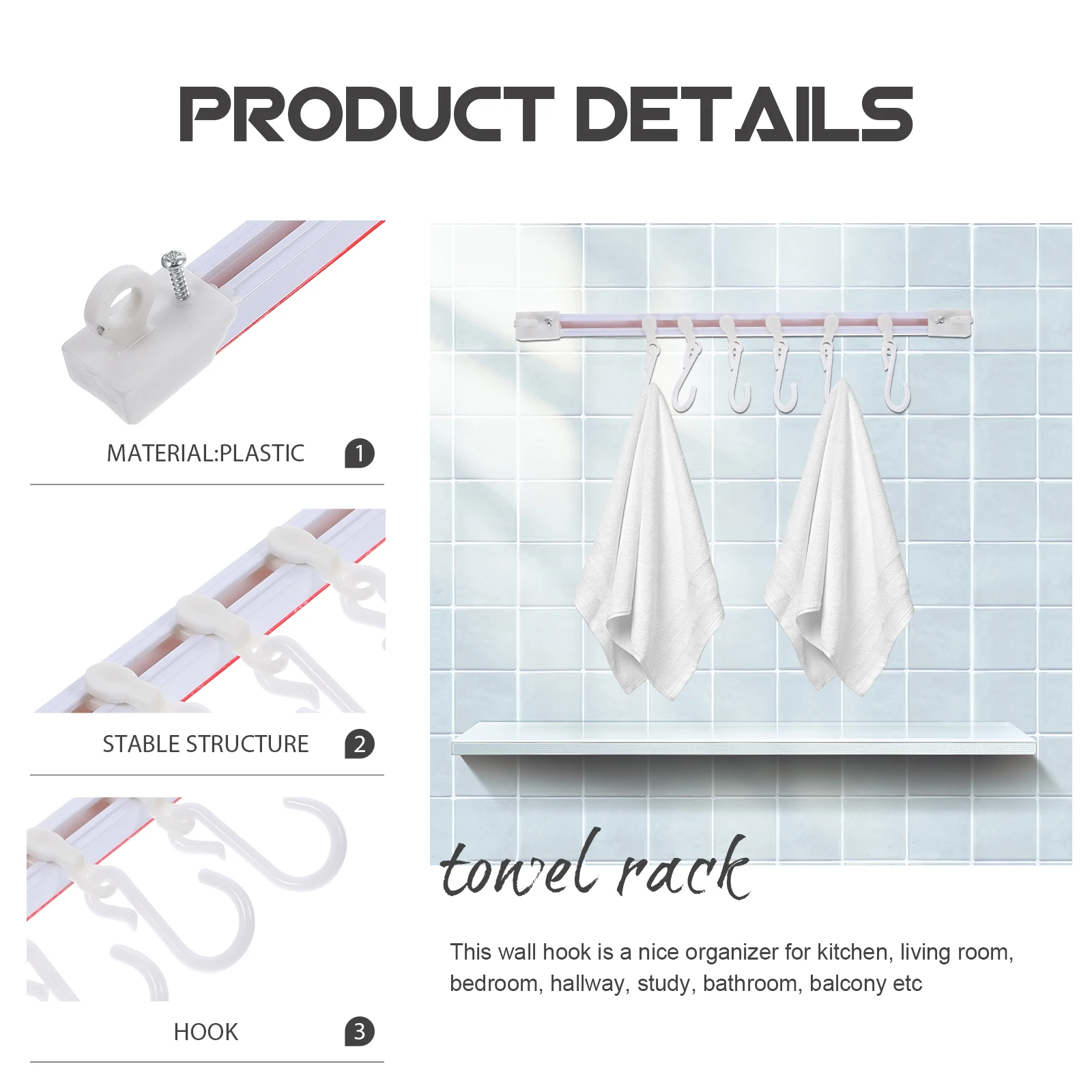 

30CM Adhesive Wall Hooks Kitchen Storage Sliding Hooks Utensil Hanger Pan Rack Hanging Pot Organizer Bathroom Rack Towel