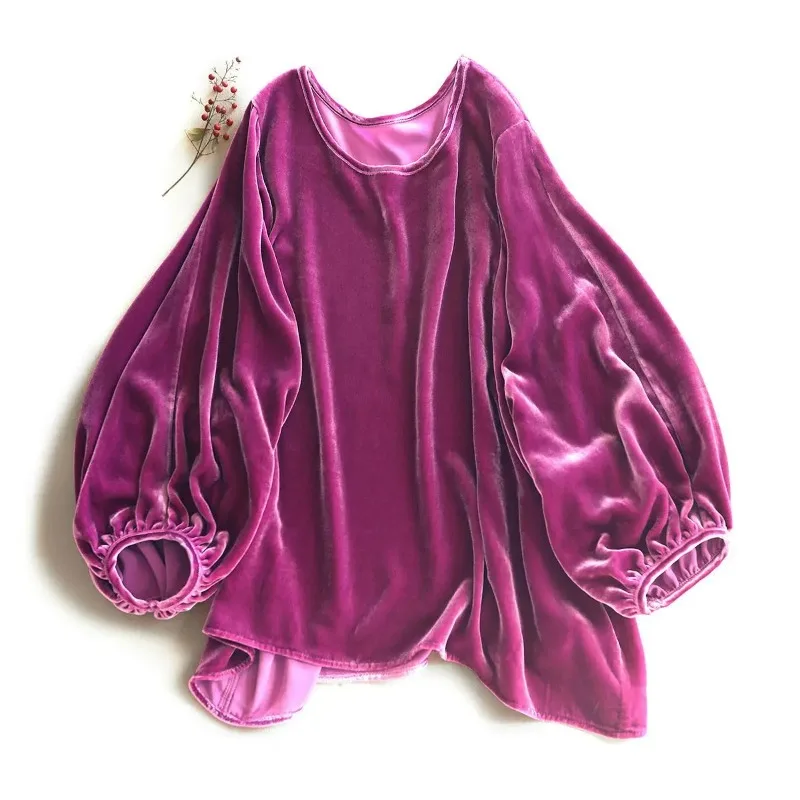 

Мягкая бархатная блузка во французском стиле с круглым вырезом, женские осенние новые однотонные женские топы с рукавами-фонариками, свободные винтажные женские рубашки