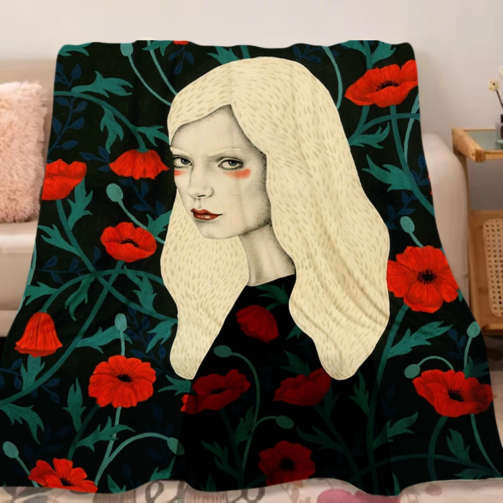 

Winter Flannel Blanket Poppy Bohemian Pattern throw blanket bedsheet Wrinkle-resistant breathable Blankets for Elderly living