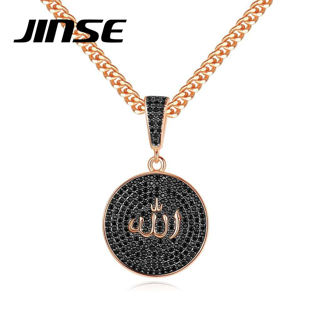 JINSE Religio Cubic Zirconia Fashion Drop Necklaces Stylish Muslim Allah Round Pendant Neck Chains for Man Hip Hop Cool Jewelry