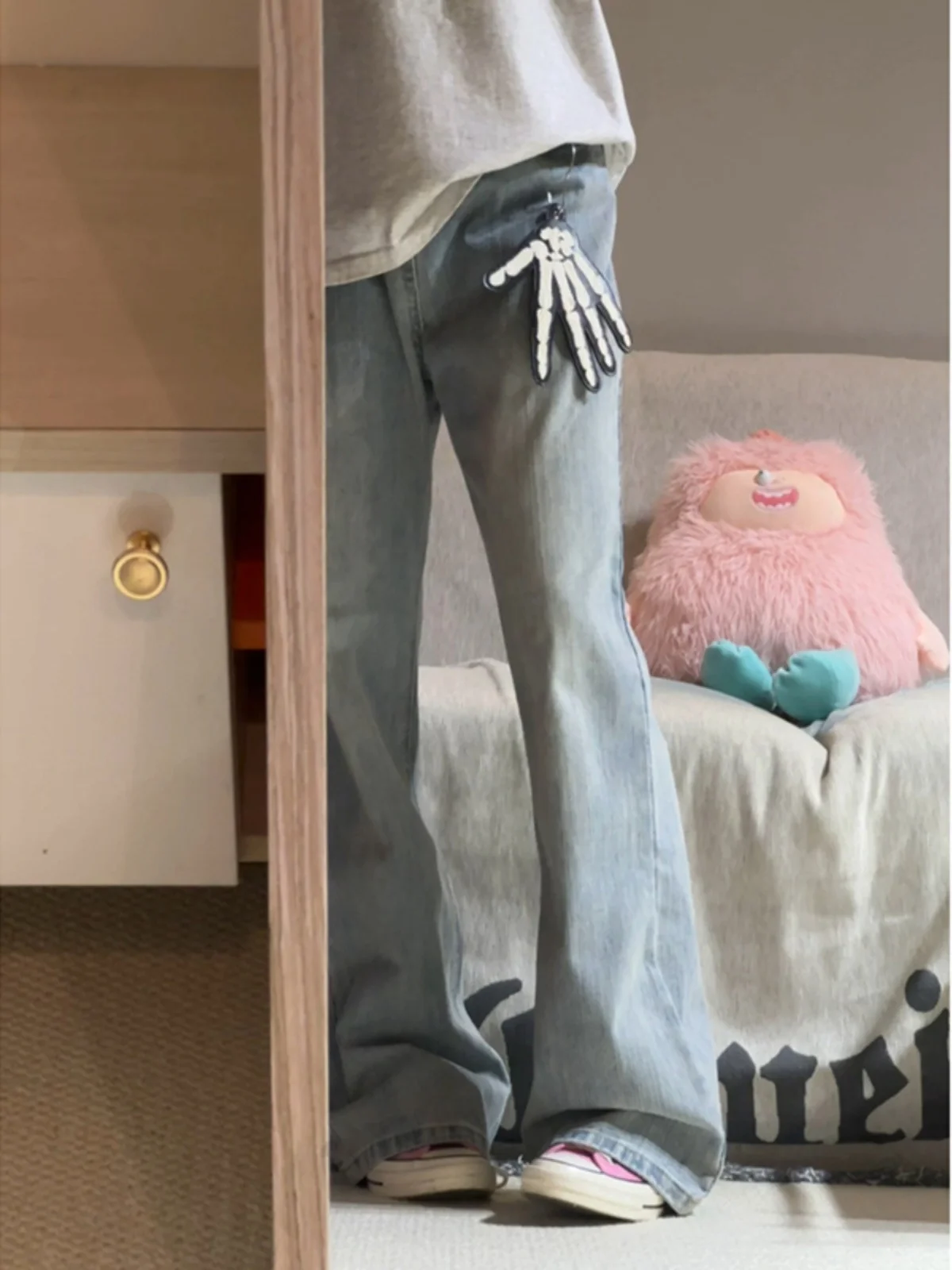 

Light Blue Curved Blade Men's Jeans Summer Straight Leg High Street Vibe Flared Jeans Youth Faion Wear Resistant Casual Jeans