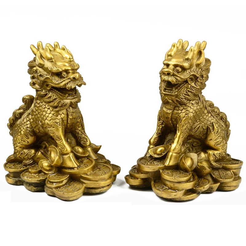 

Feng Shui Kylin 2set Brass Statue chinese Home decor Sculpture a Pair Fortune qilin Figurine Attract Wealth Money and Good Luck