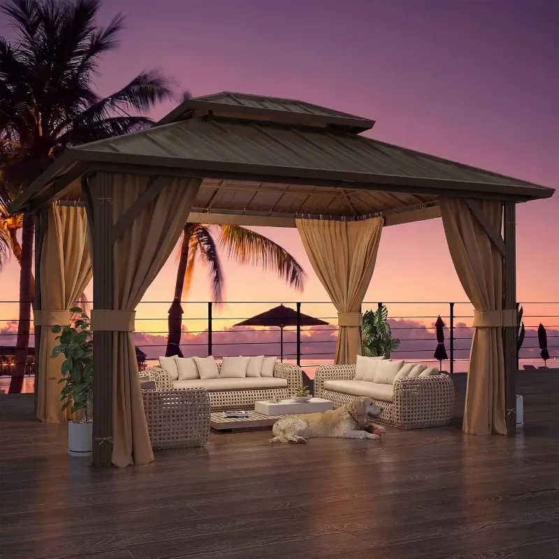 YOLENY 10' x 12' Hardtop Gazebo, Metal Gazebo with Aluminum Frame, Double Galvanized Steel Roof, Curtains and Netting Included