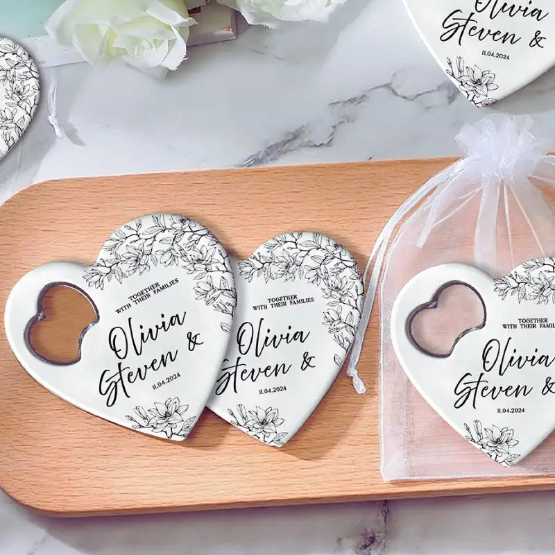 

1Pcs Custom Magnet Bottle Opener Bridal Shower thank you gift Heart-Shaped Engraved Bottle Opener Wedding Party Souvenir