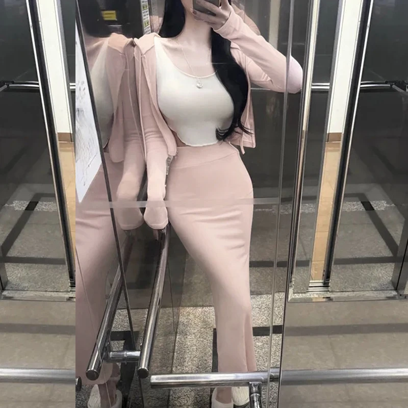 

Dongda Gate Faionable сексуальный облегающий комплект с юбкой с фианитом, женский комплект с капюшоном, длинный гладкий наряд на молнии