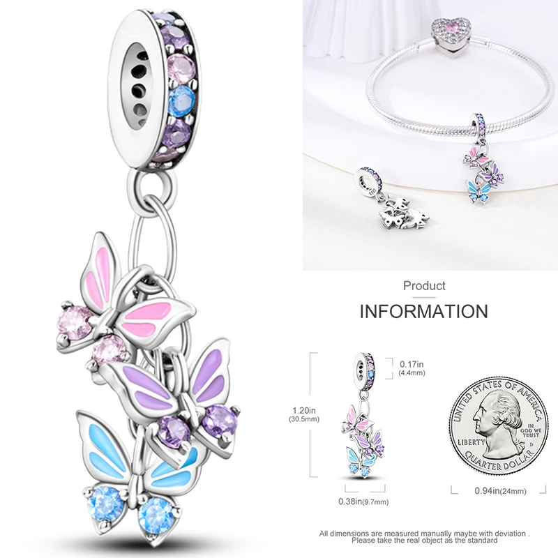 Schmetterlingsanhänger 925 Sterling Silber Rosa Blau Regenbogen Perlenanhänger Passend für Europäische Armbänder DIY Schmuck Geschenk für Frauen und Mädchen 2026 – Detail 31