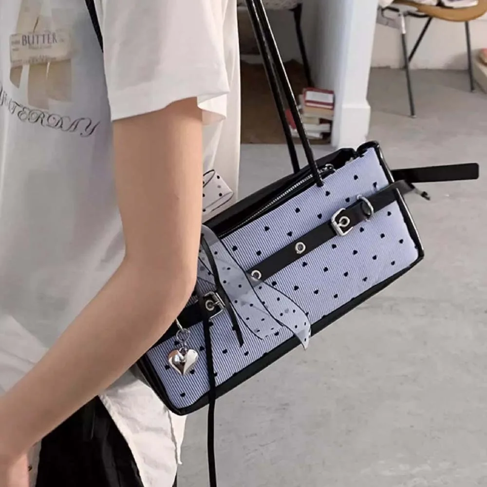 

Portable Sweet French Stick Handbag Canvas Bow Ribbon Blue Shoulder Bag Lace Large Capacity Stripe Heart Underarm Bags Work