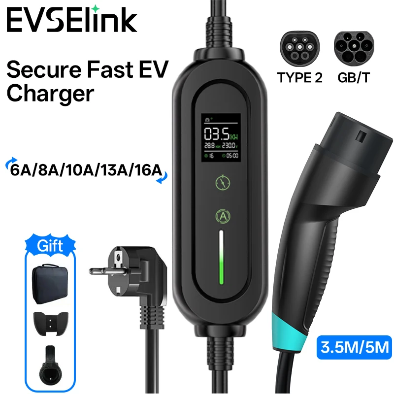 

EVSELink Portable ev charger 3.5KW 16A 1Phase Type2 GBT 3.5M 5M home AC electric vehicle charger Charging Plug