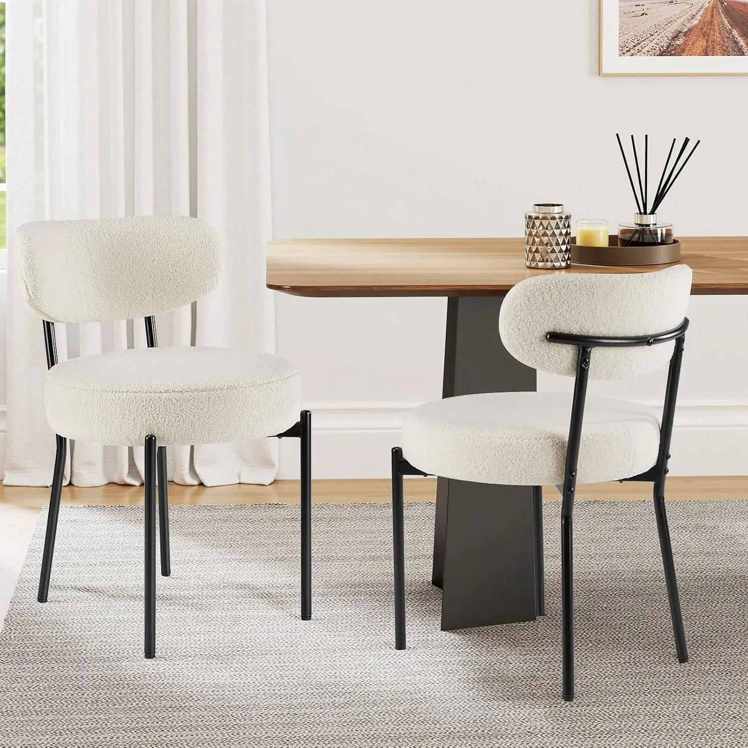 

Dining Chairs Set of 2, Boucle Upholstered Modern Mid Century Round Kitchen Chairs with Curved Backrest , Beige