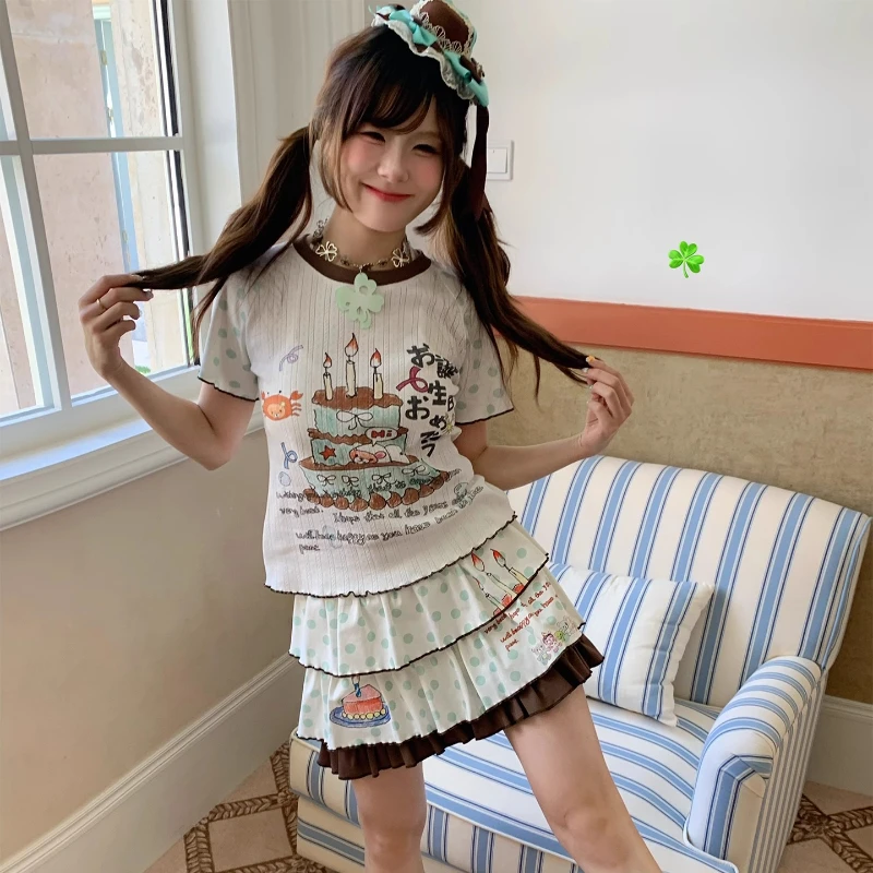 Japanese Design Brown Green Polka Dot Color Block Women's Cake Skirt New Sweet Cute Age-Reducing High Waist Mini Skirts Ladies