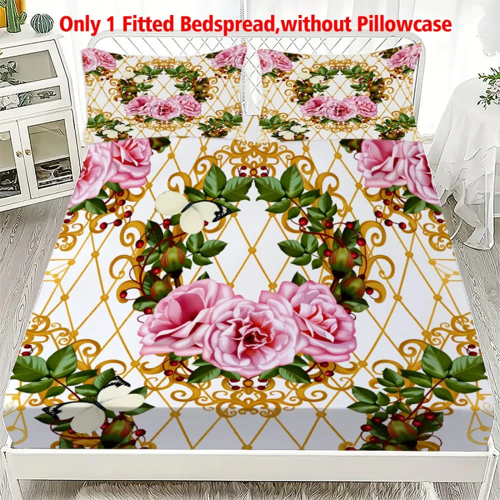 1 Stück Rosa Rosen mit Goldfiligran-Druck Spannbettlaken Tiefe Tasche Elastischer Matratzenbezug Einzel Doppel Queen King Schlafzimmer Deko